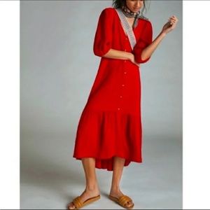 Maeve by Anthropologie Crepe Button Down Puff Sleeve Midi Dress